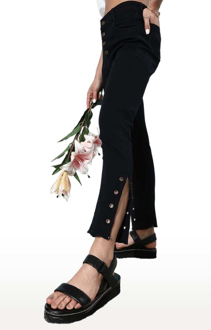 Women's Black Cotton Solid Slim Jeans