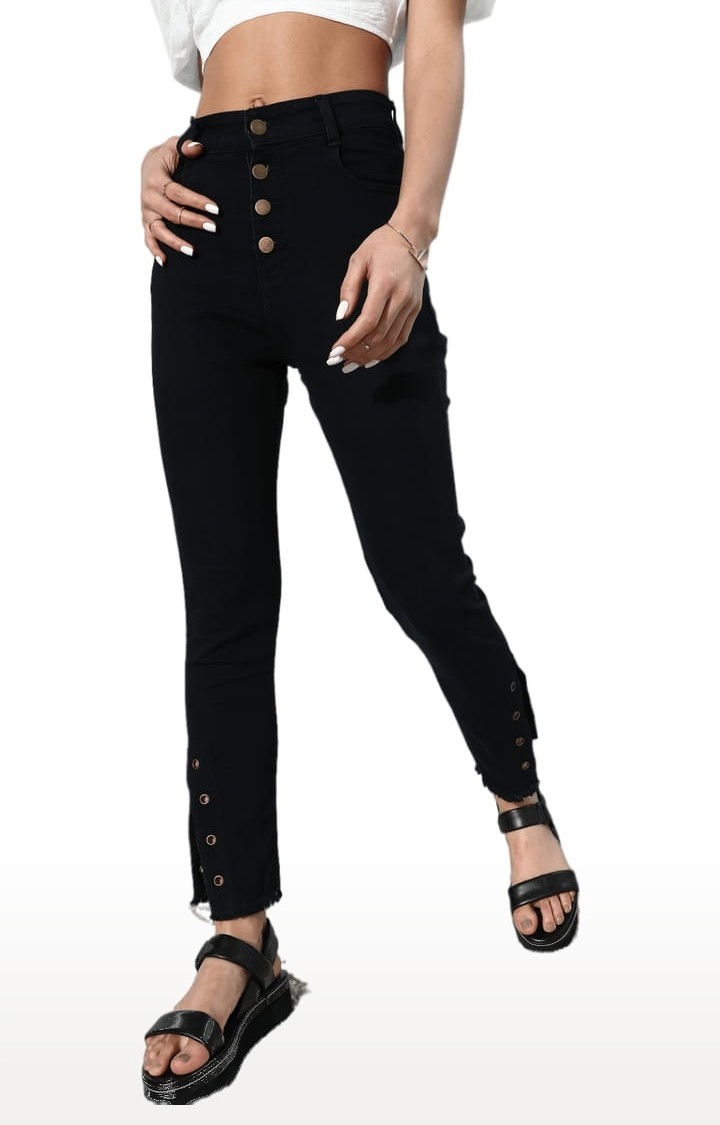 Women's Black Cotton Solid Slim Jeans