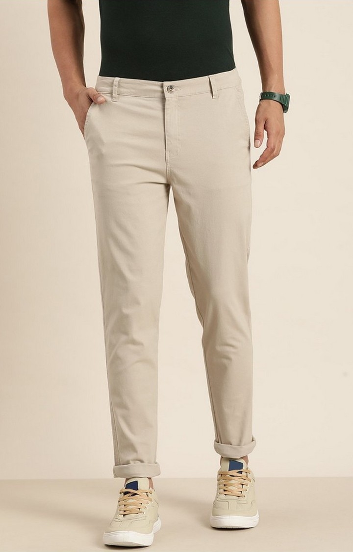 Men's  Beige Solid Angle Length Trouser