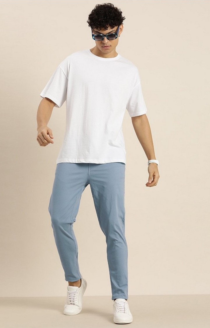 Men's  Blue Solid Angle Length Trouser