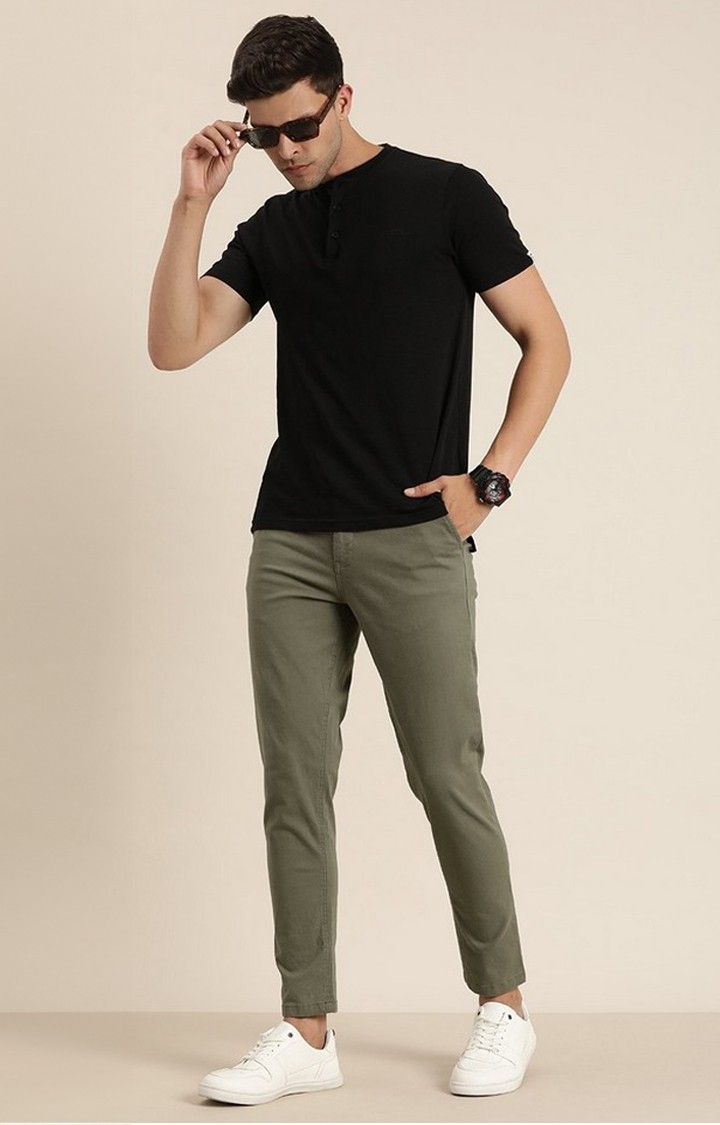 Men's  Olive Solid Angle Length Trouser