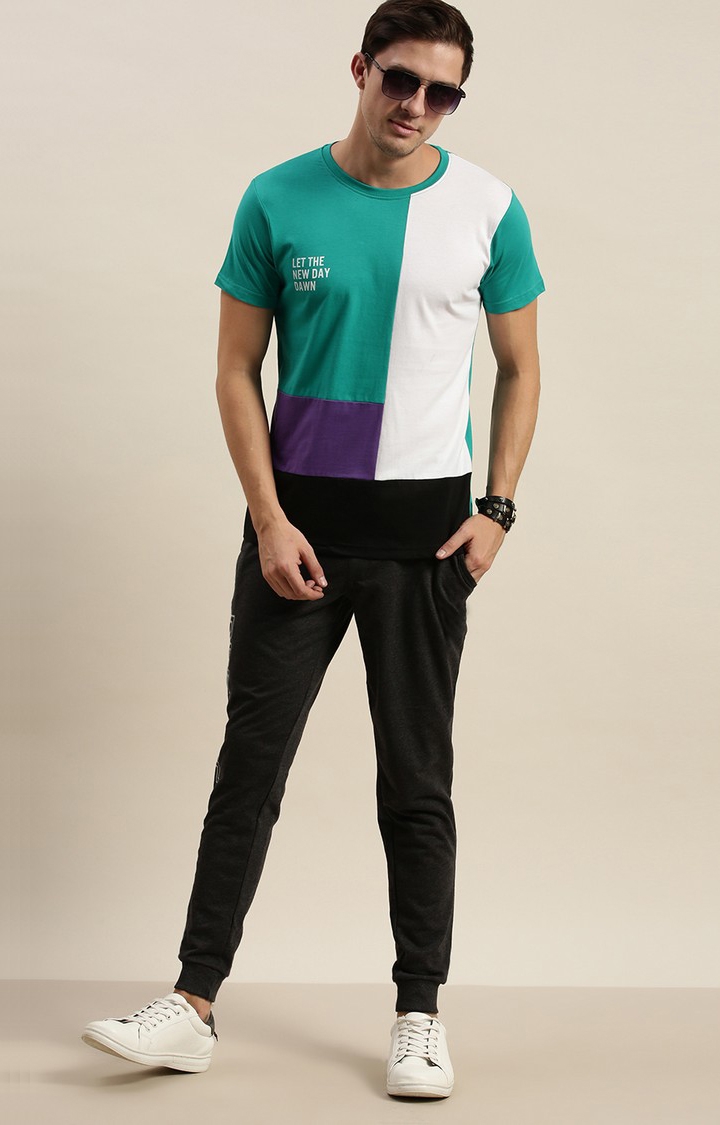 Men's Green Cotton Colourblock Regular T-Shirt