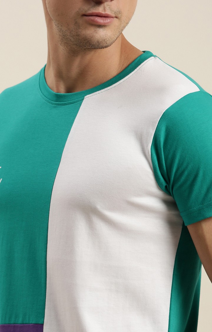 Men's Green Cotton Colourblock Regular T-Shirt