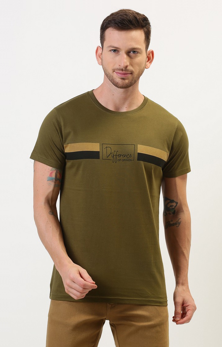 Difference of Opinion | Men's Olive Cotton Typographic Printed Regular T-Shirt