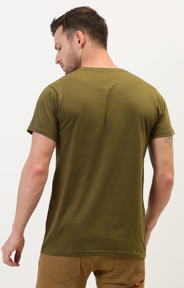 Men's Olive Cotton Typographic Printed Regular T-Shirt
