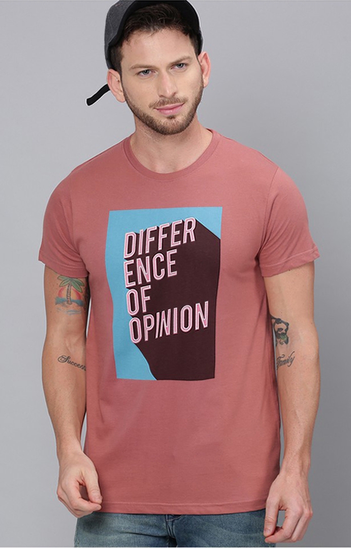 Men's Pink Cotton Typographic Printed Regular T-Shirt