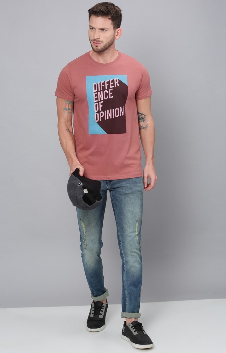 Difference of Opinion | Men's Pink Cotton Typographic Printed Regular T-Shirt 1