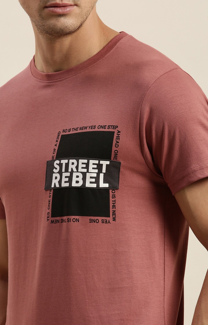 Men's Pink Cotton Typographic Printed Regular T-Shirt