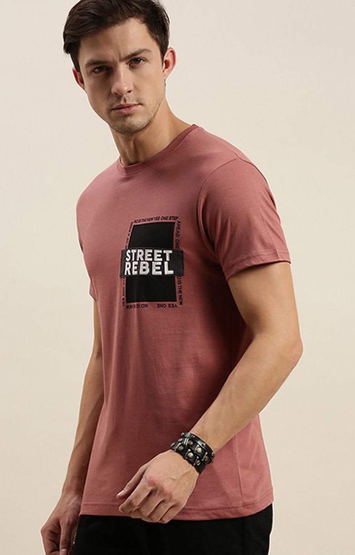 Men's Pink Cotton Typographic Printed Regular T-Shirt