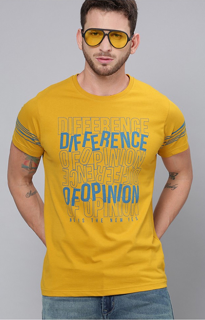 Difference of Opinion | Men's Yellow Cotton Typographic Printed Regular T-Shirt 0