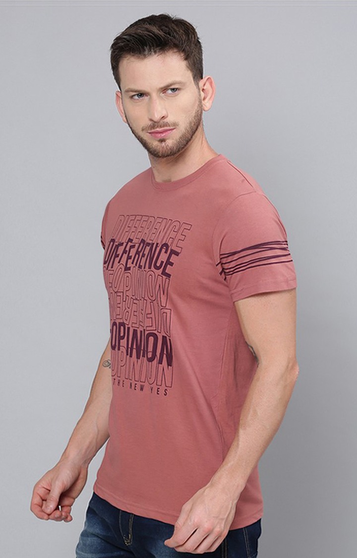 Men's Pink Cotton Typographic Printed Regular T-Shirt