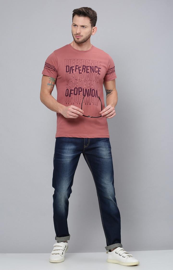 Men's Pink Cotton Typographic Printed Regular T-Shirt