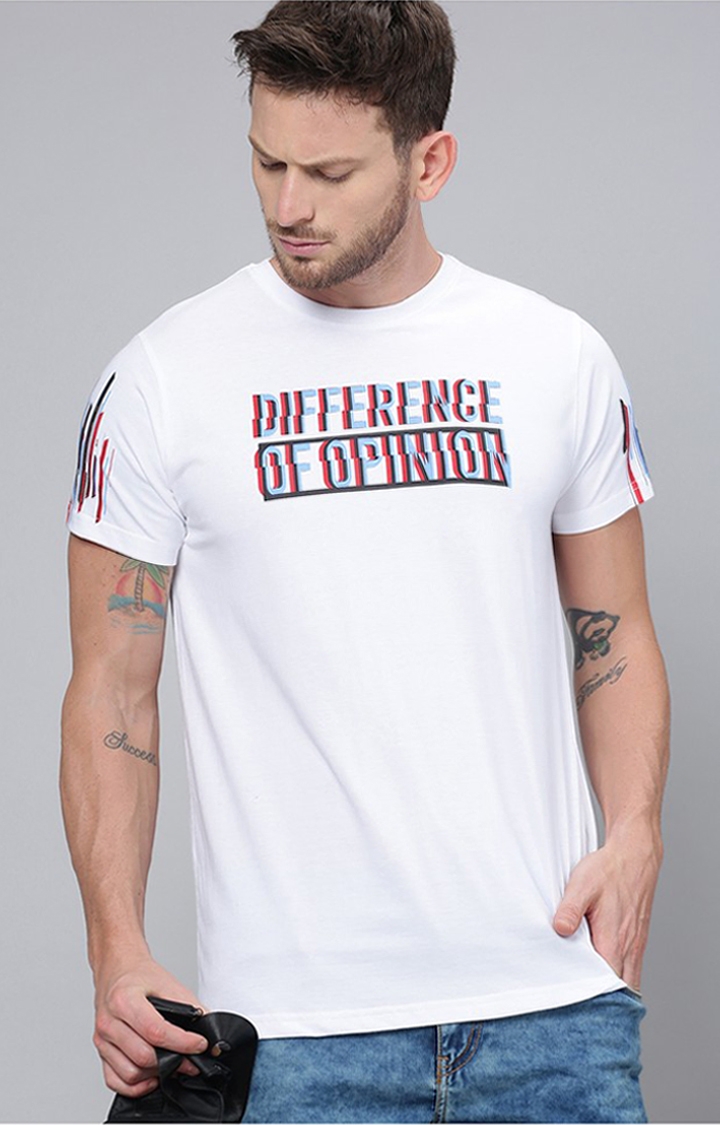 Difference of Opinion | Men's White Cotton Typographic Printed Regular T-Shirt 0