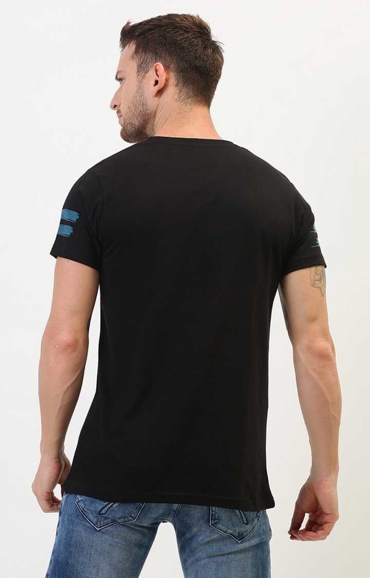 Men's Black Cotton Typographic Printed Regular T-Shirt
