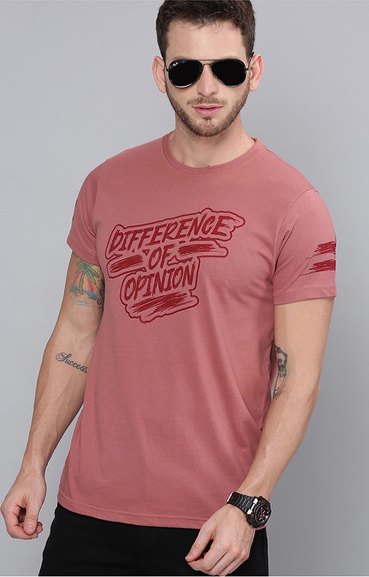 Difference of Opinion | Men's Pink Cotton Typographic Printed Regular T-Shirt 0