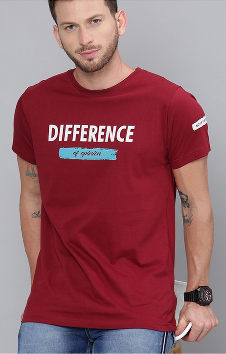 Difference of Opinion | Men's Maroon Cotton Typographic Printed Regular T-Shirt