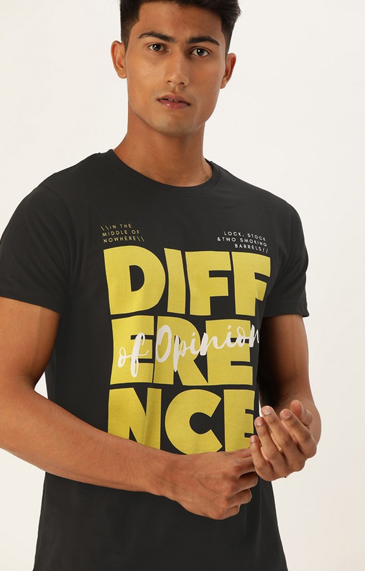 Difference of Opinion | Men's Black Cotton Typographic Printed Regular T-Shirt 0