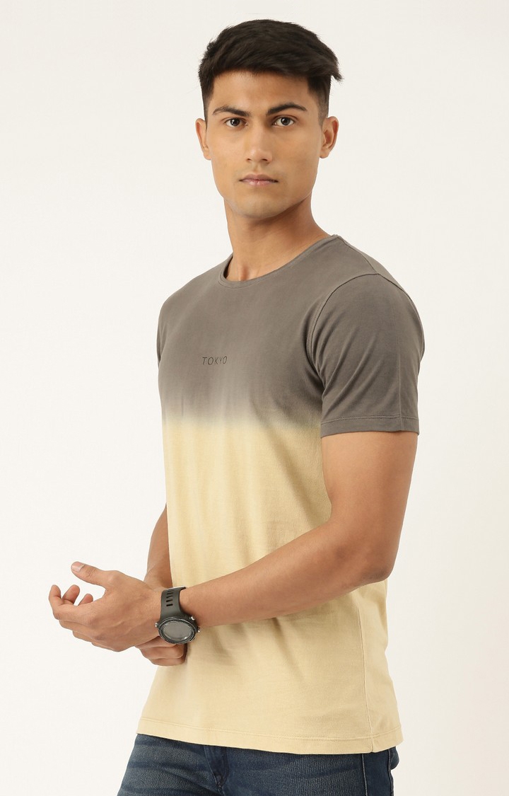 Men's Beige Cotton Colourblocked Regular T-Shirt
