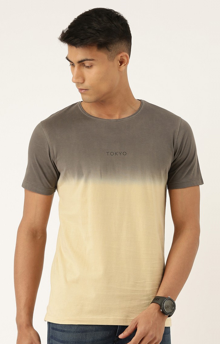 Men's Beige Cotton Colourblocked Regular T-Shirt