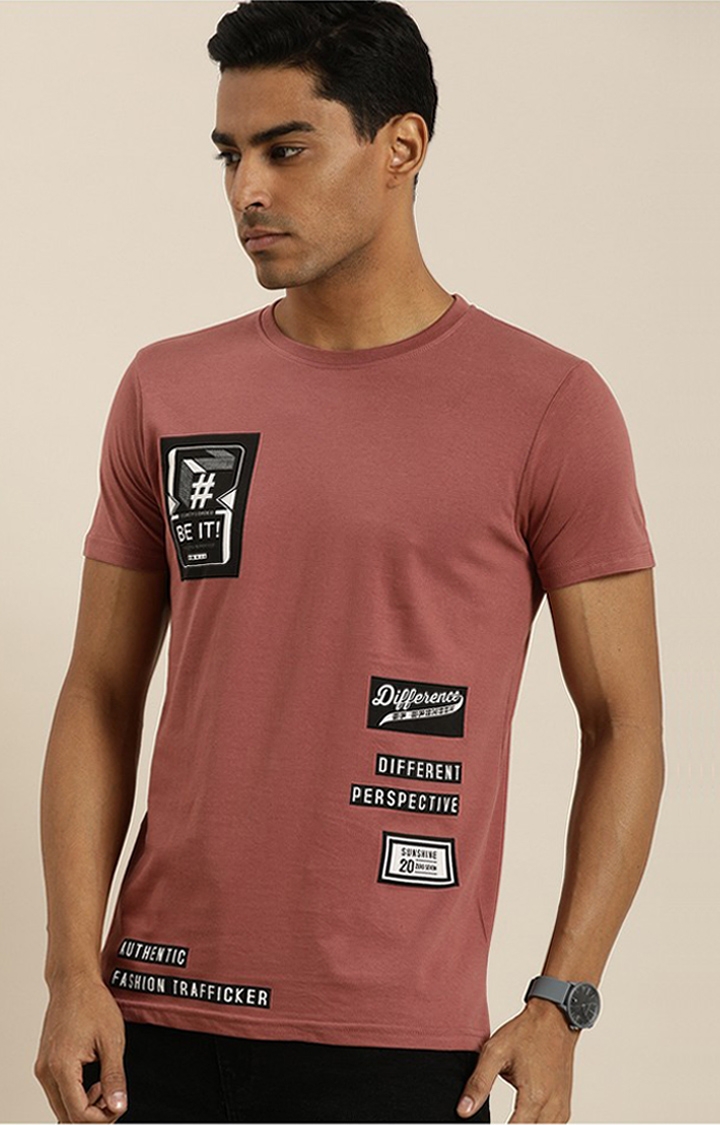 Men's Pink Cotton Printed Regular T-Shirt