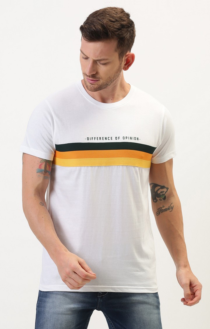 Men's White Cotton Striped Regular T-Shirt