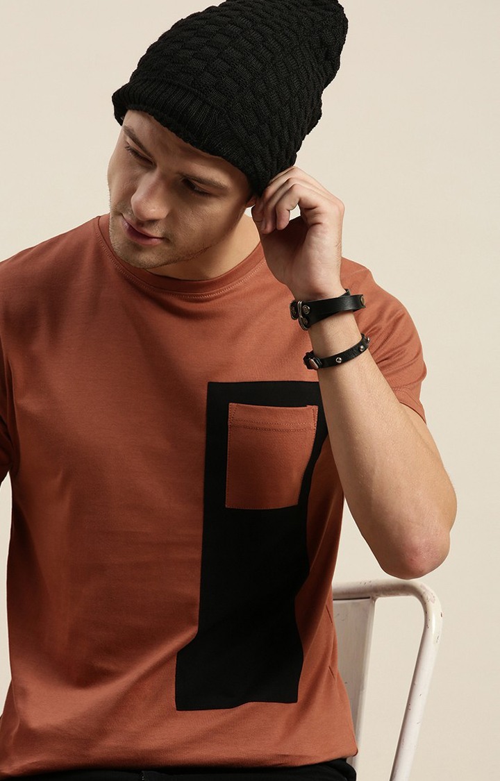Men's Brown Cotton Solid Regular T-Shirt