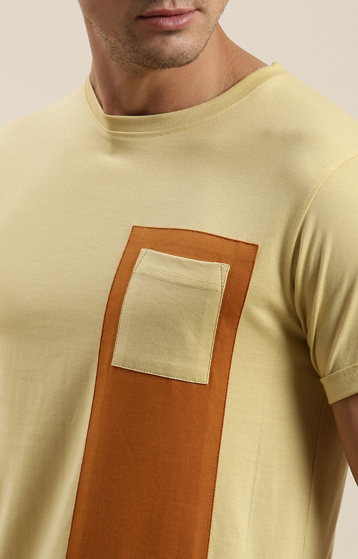 Men's Yellow Cotton Colourblock Regular T-Shirt