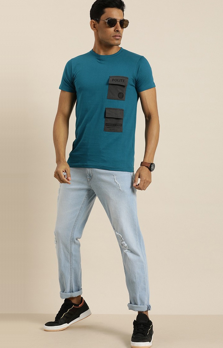 Men's Blue Cotton Solid Regular T-Shirt