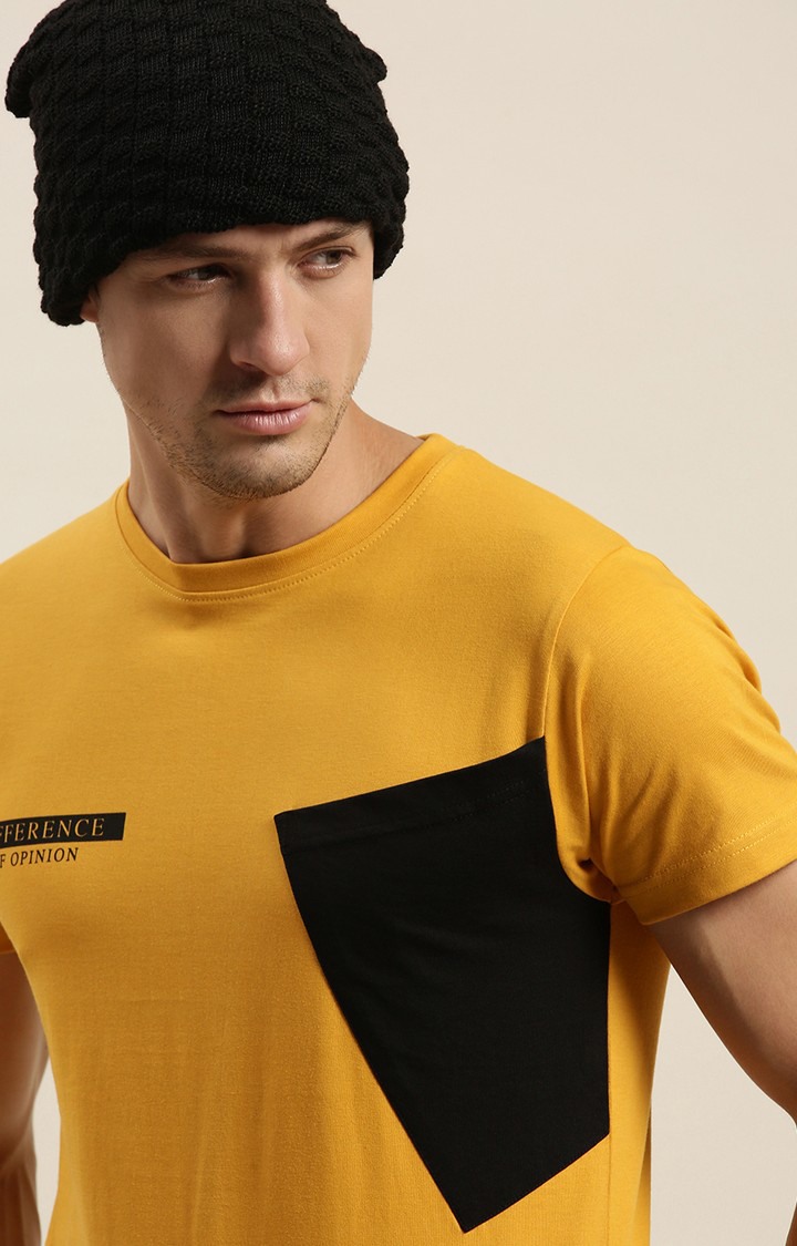 Men's Yellow Cotton Colourblock Regular T-Shirt