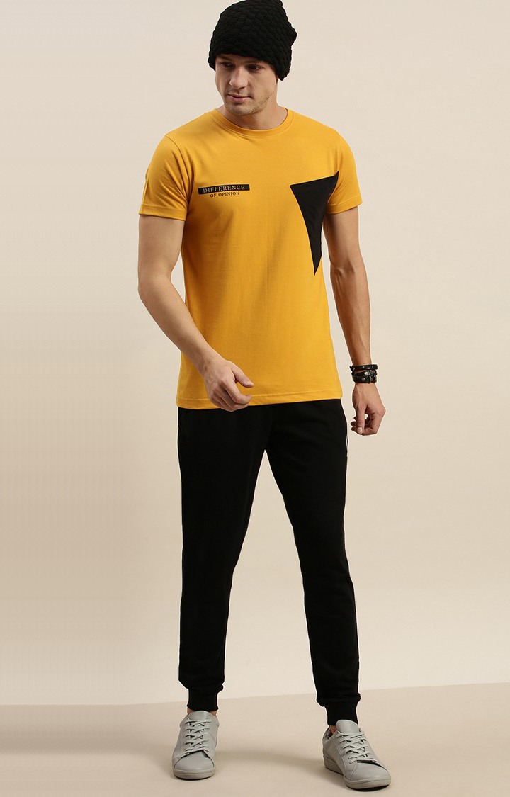 Men's Yellow Cotton Colourblock Regular T-Shirt