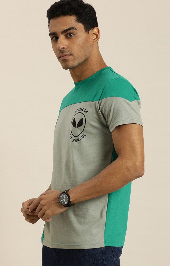 Men's Green Cotton Colourblocked Regular T-Shirt