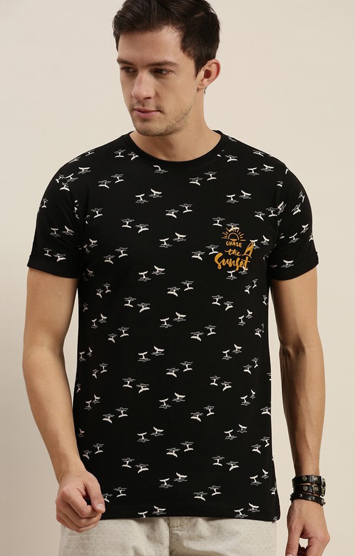 Men's Black Cotton Printed Regular T-Shirt