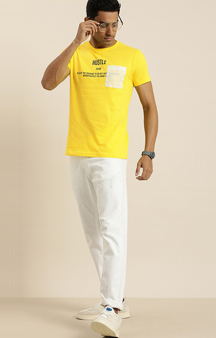 Men's Yellow Cotton Typographic Printed Regular T-Shirt