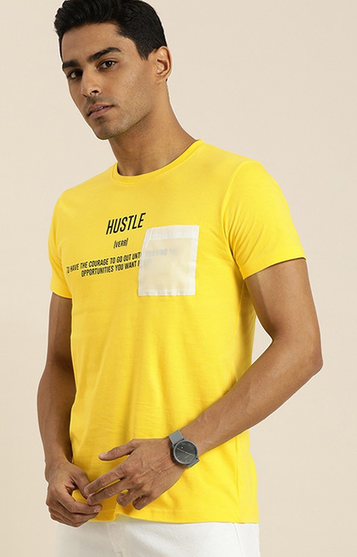 Men's Yellow Cotton Typographic Printed Regular T-Shirt
