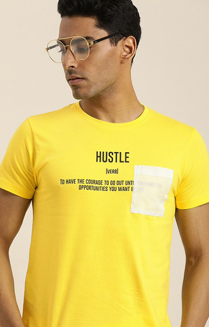 Men's Yellow Cotton Typographic Printed Regular T-Shirt