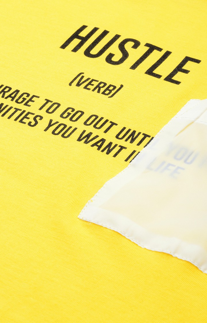 Men's Yellow Cotton Typographic Printed Regular T-Shirt