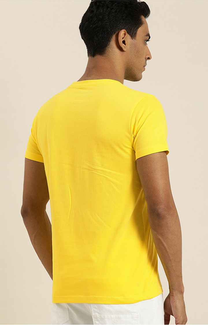 Men's Yellow Cotton Typographic Printed Regular T-Shirt