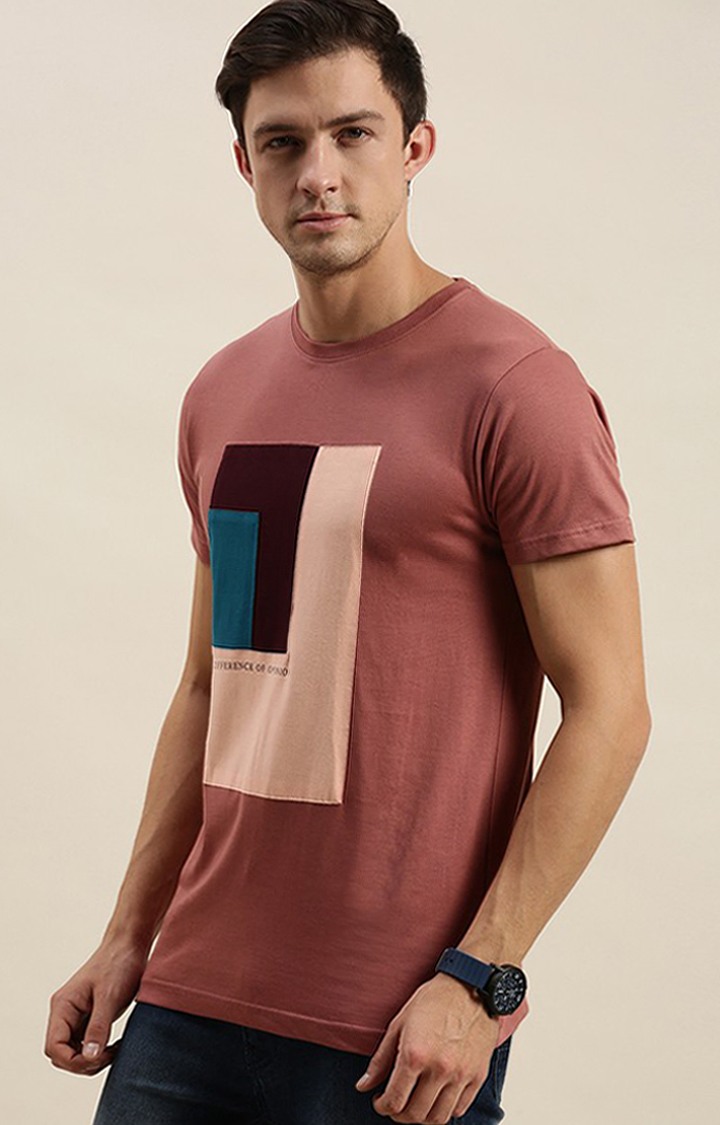 Men's Pink Cotton Colourblock Regular T-Shirt