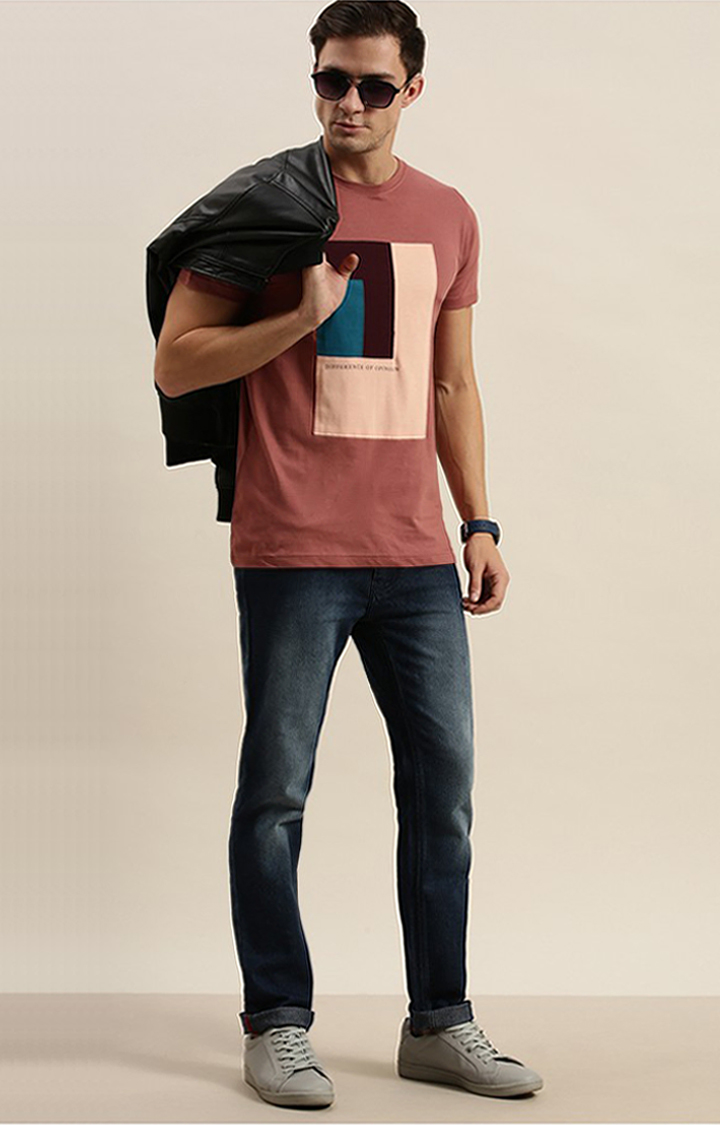 Men's Pink Cotton Colourblock Regular T-Shirt