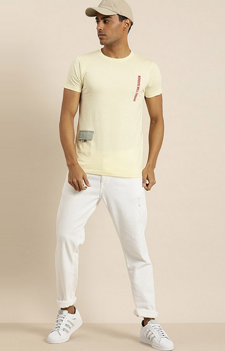 Men's Cream Cotton Typographic Printed Regular T-Shirt
