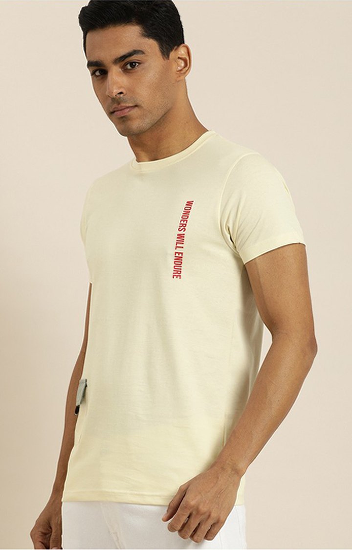 Men's Cream Cotton Typographic Printed Regular T-Shirt