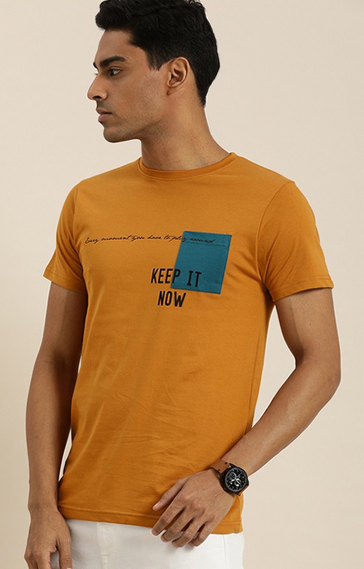 Men's Yellow Cotton Typographic Printed Regular T-Shirt