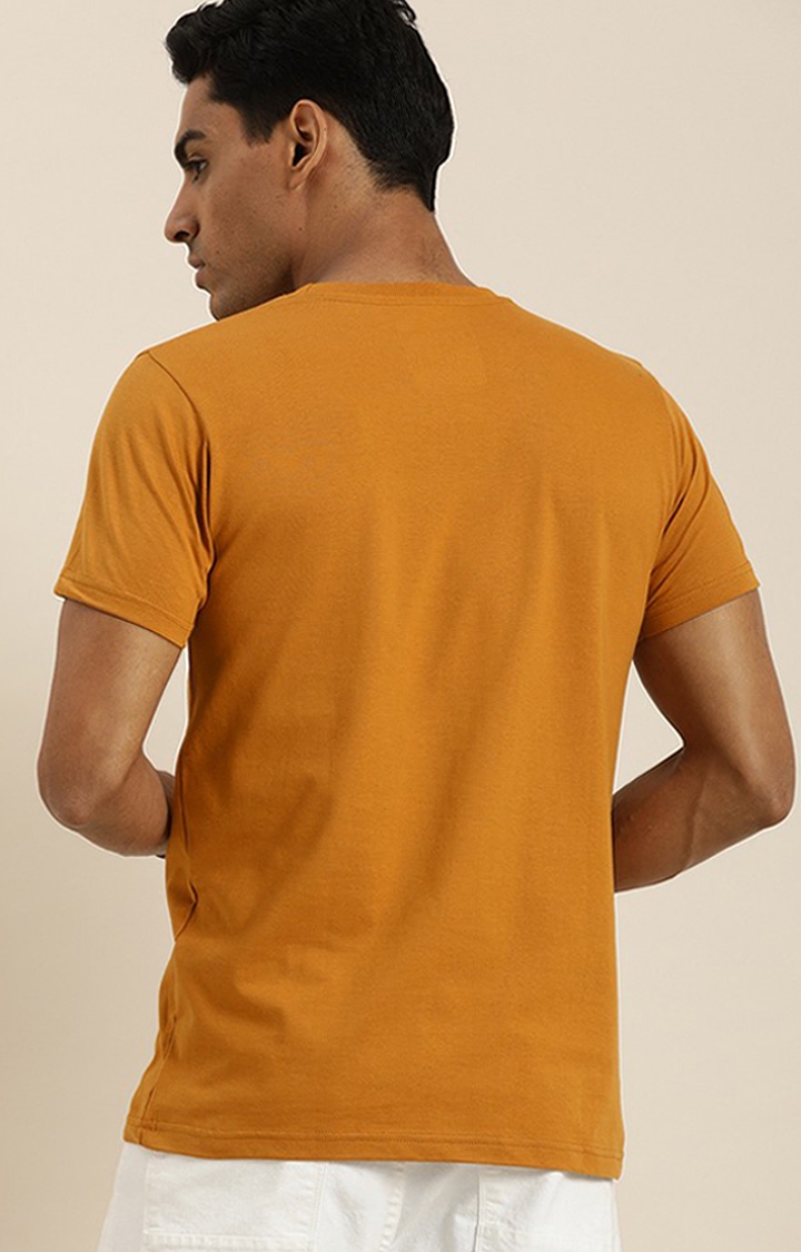 Men's Yellow Cotton Typographic Printed Regular T-Shirt