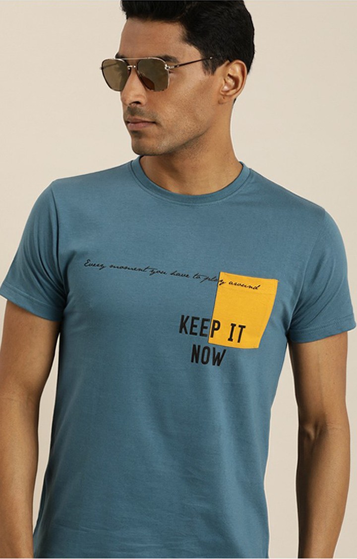 Men's Blue Cotton Typographic Printed Regular T-Shirt