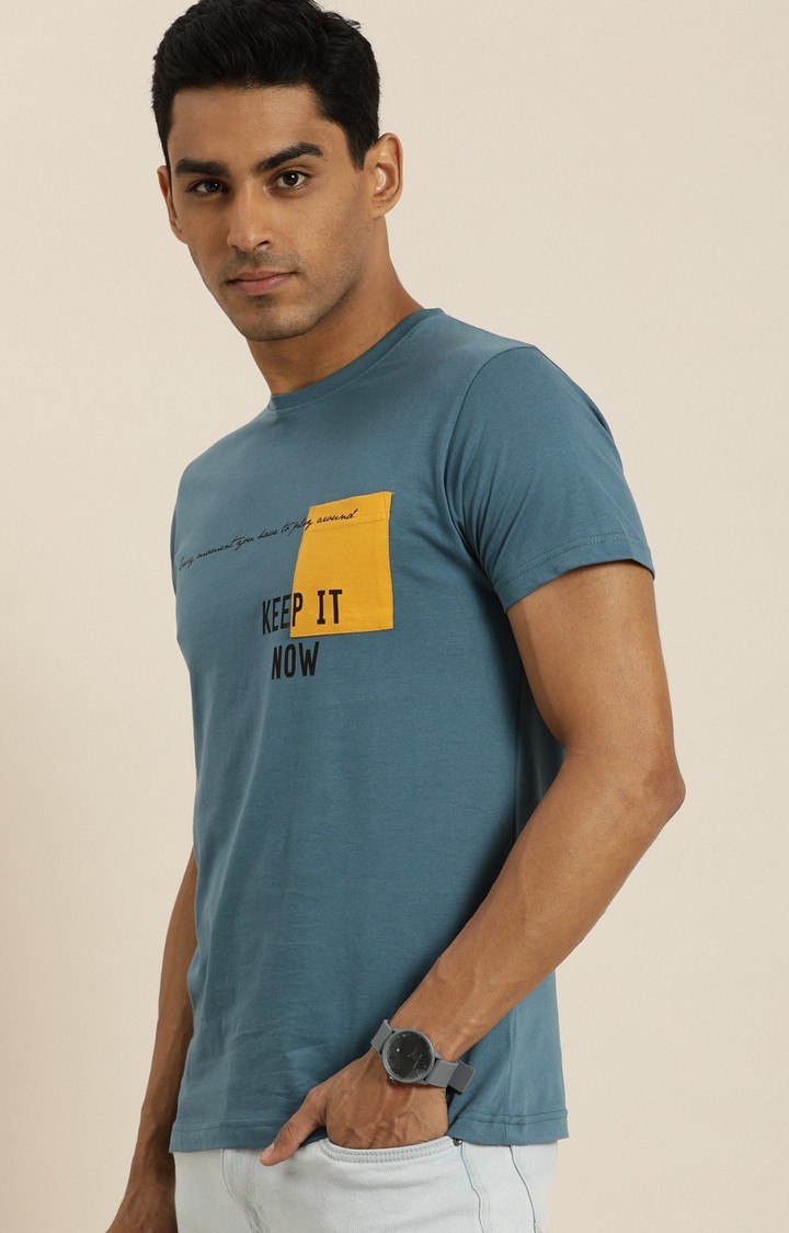 Difference of Opinion | Men's Blue Cotton Typographic Printed Regular T-Shirt