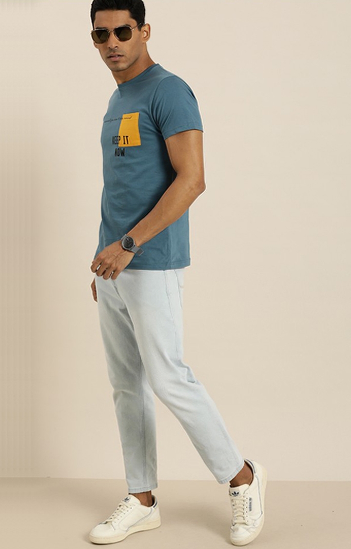 Men's Blue Cotton Typographic Printed Regular T-Shirt