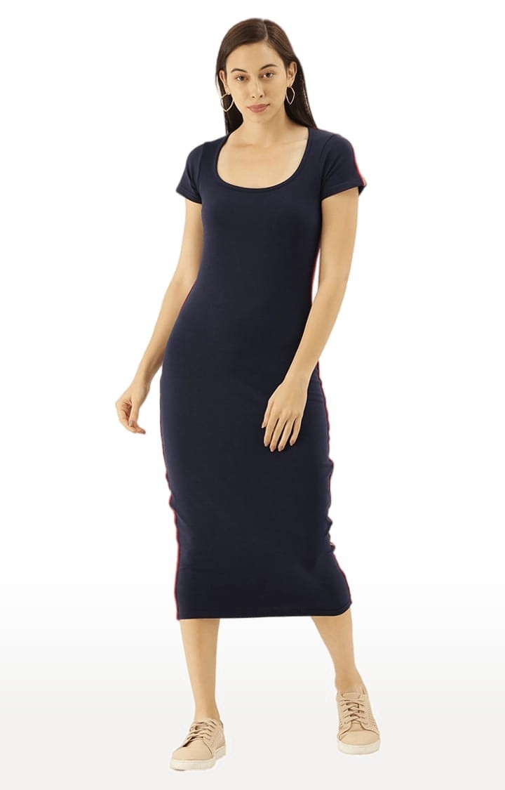 Difference of Opinion | Women's Blue Cotton Solid Bodycon Dress 0