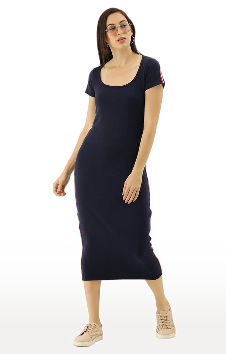 Difference of Opinion | Women's Blue Cotton Solid Bodycon Dress 1