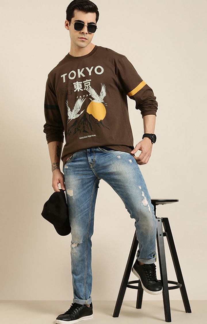 Difference of Opinion | Men's Brown Cotton Typographic Printed Sweatshirt 1