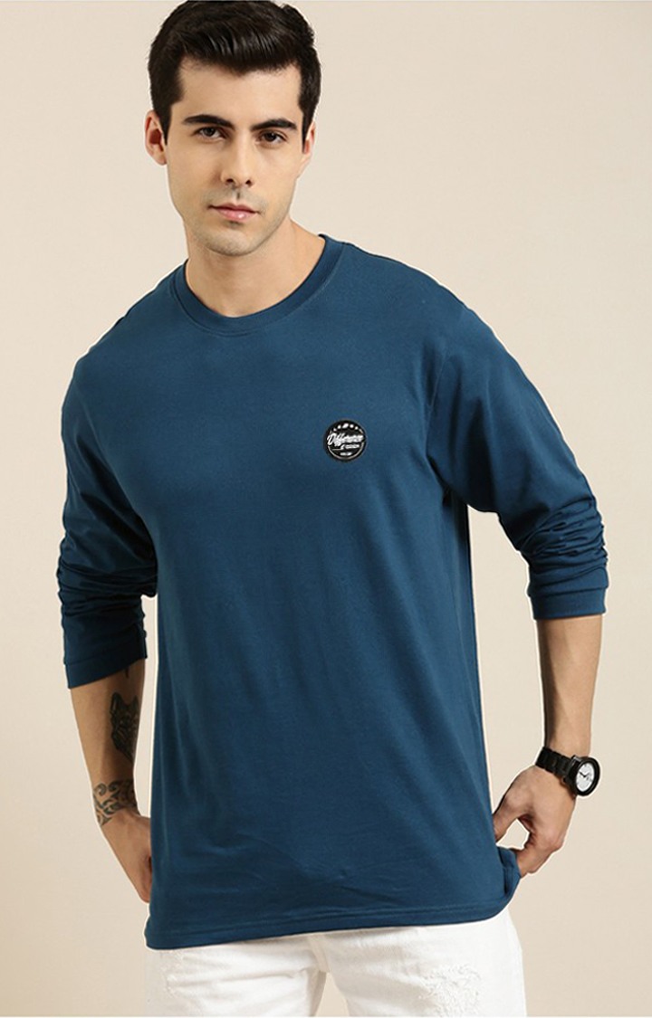 Men's Blue Cotton Typographic Printed Sweatshirt